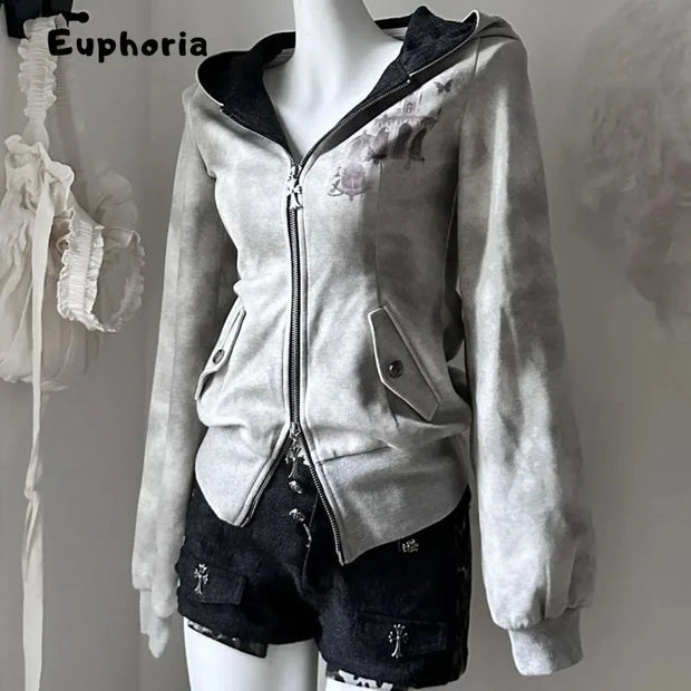 Euphoria Y2k Women Aesthetic Harajuku Faux Fur Collar Hoodies Clothes Graphic Hip Hop Punk Gothic Zip Up Hoodies Streetwear Brodster Market