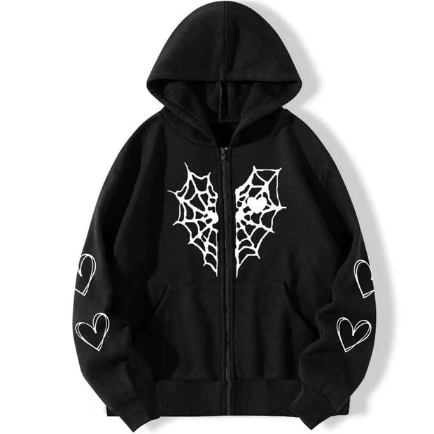 Y2K Rhinestone Cobweb Zip Up Oversized Sweatshirt 2022 Autumn Goth Hoodie Men Women Grunge Hooded Jacket Streetwear Y2K Clothing Brodster Market