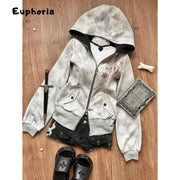 Euphoria Y2k Women Aesthetic Harajuku Faux Fur Collar Hoodies Clothes Graphic Hip Hop Punk Gothic Zip Up Hoodies Streetwear Brodster Market