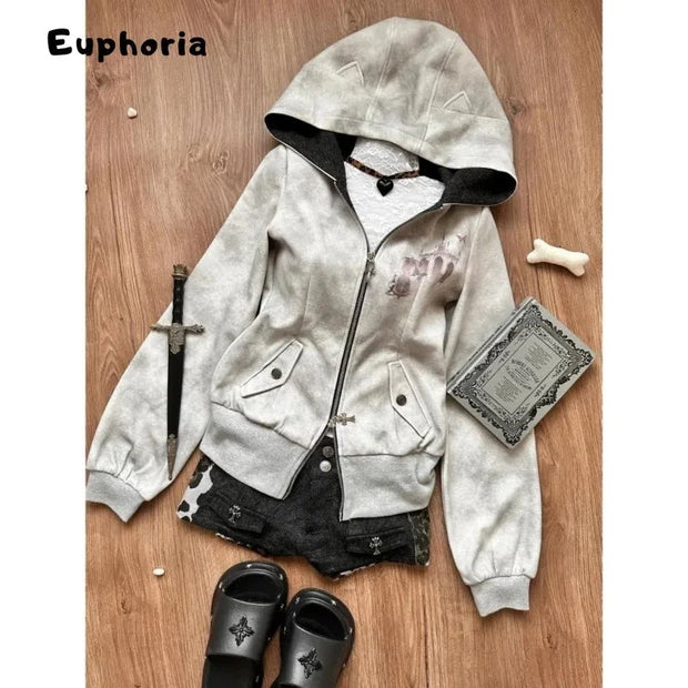 Euphoria Y2k Women Aesthetic Harajuku Faux Fur Collar Hoodies Clothes Graphic Hip Hop Punk Gothic Zip Up Hoodies Streetwear Brodster Market