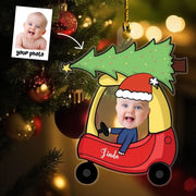 Christmas Car Ornament with Baby Photo, Personalized Name & Custom Text, Festive Holiday Hanging Decoration Keepsake
