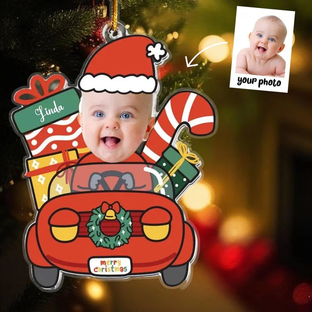 Christmas Car Ornament with Baby Photo, Personalized Name & Custom Text, Festive Holiday Hanging Decoration Keepsake