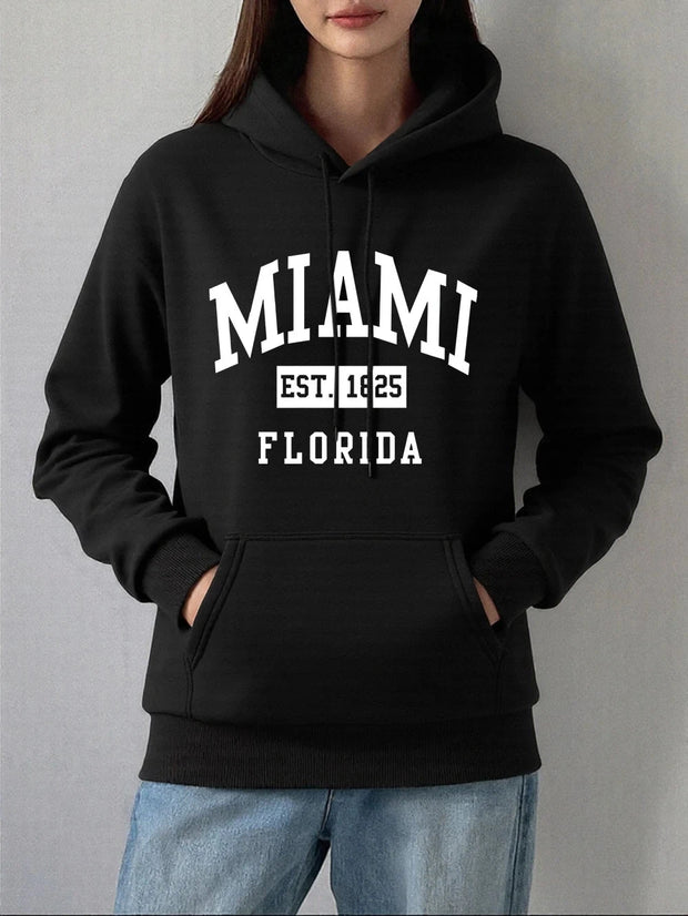 Miami Est 1825 Florida Printing Hoodie Women Winter Fleece Warm Pullovers Casual Loose Sweatshirts Basics Pocket Womans Clothes Brodster Market