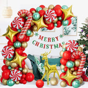 Christmas crutches, candy, golden deer, balloon decoration, red, green, four cornered stars, home, school, shopping mall,