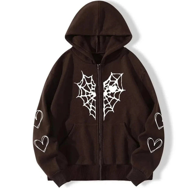 Y2K Rhinestone Cobweb Zip Up Oversized Sweatshirt 2022 Autumn Goth Hoodie Men Women Grunge Hooded Jacket Streetwear Y2K Clothing Brodster Market