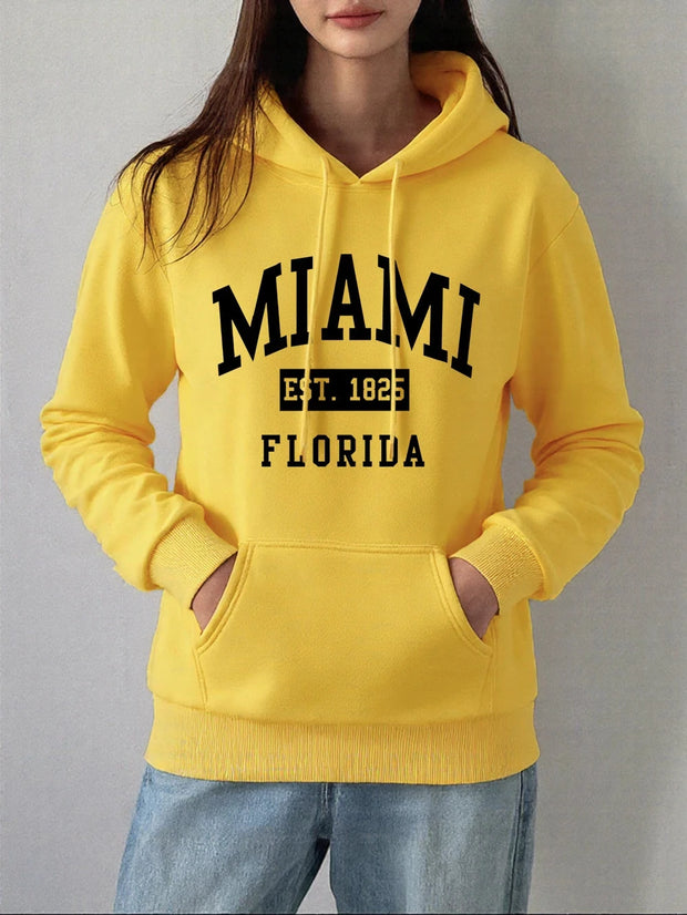Miami Est 1825 Florida Printing Hoodie Women Winter Fleece Warm Pullovers Casual Loose Sweatshirts Basics Pocket Womans Clothes Brodster Market
