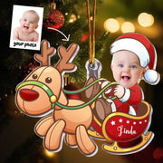 Christmas Car Ornament with Baby Photo, Personalized Name & Custom Text, Festive Holiday Hanging Decoration Keepsake