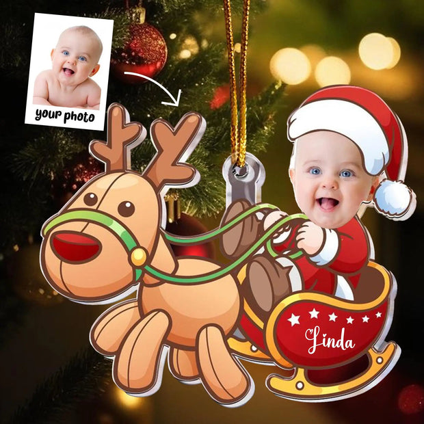 Christmas Car Ornament with Baby Photo, Personalized Name & Custom Text, Festive Holiday Hanging Decoration Keepsake