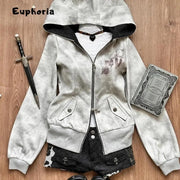 Euphoria Y2k Women Aesthetic Harajuku Faux Fur Collar Hoodies Clothes Graphic Hip Hop Punk Gothic Zip Up Hoodies Streetwear Brodster Market
