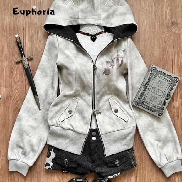 Euphoria Y2k Women Aesthetic Harajuku Faux Fur Collar Hoodies Clothes Graphic Hip Hop Punk Gothic Zip Up Hoodies Streetwear Brodster Market