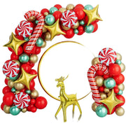 Christmas crutches, candy, golden deer, balloon decoration, red, green, four cornered stars, home, school, shopping mall,