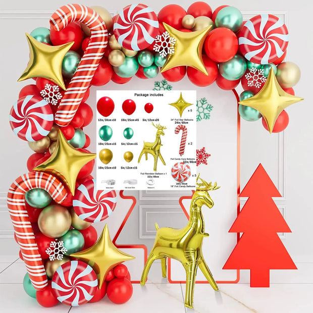 Christmas crutches, candy, golden deer, balloon decoration, red, green, four cornered stars, home, school, shopping mall,