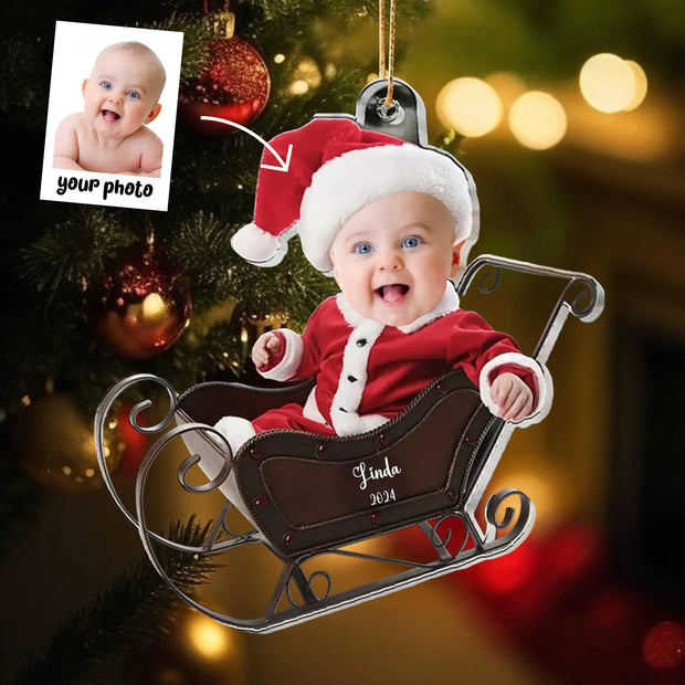 Christmas Car Ornament with Baby Photo, Personalized Name & Custom Text, Festive Holiday Hanging Decoration Keepsake