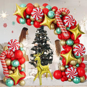 Christmas crutches, candy, golden deer, balloon decoration, red, green, four cornered stars, home, school, shopping mall,