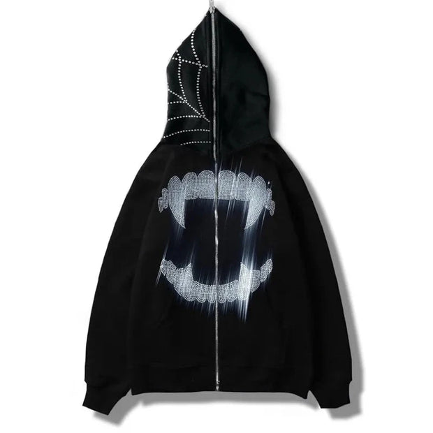 Y2K Rhinestone Cobweb Zip Up Oversized Sweatshirt 2022 Autumn Goth Hoodie Men Women Grunge Hooded Jacket Streetwear Y2K Clothing Brodster Market