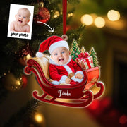 Christmas Car Ornament with Baby Photo, Personalized Name & Custom Text, Festive Holiday Hanging Decoration Keepsake