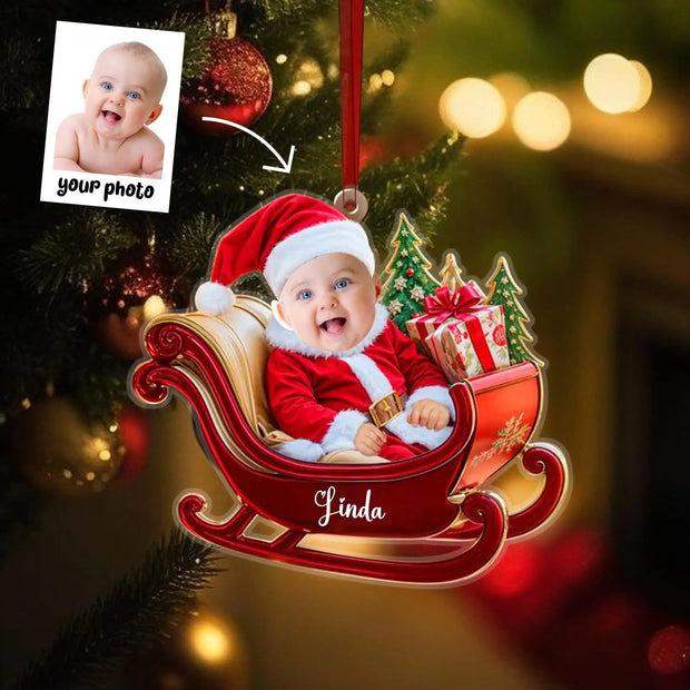 Christmas Car Ornament with Baby Photo, Personalized Name & Custom Text, Festive Holiday Hanging Decoration Keepsake