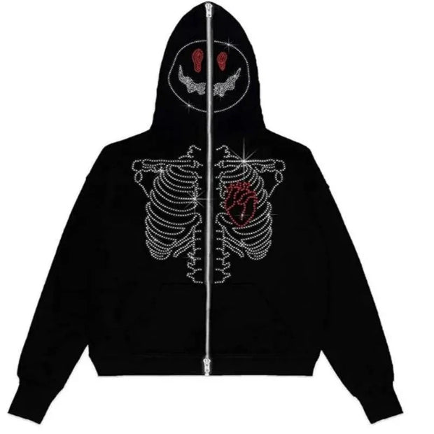 Y2K Rhinestone Cobweb Zip Up Oversized Sweatshirt 2022 Autumn Goth Hoodie Men Women Grunge Hooded Jacket Streetwear Y2K Clothing Brodster Market