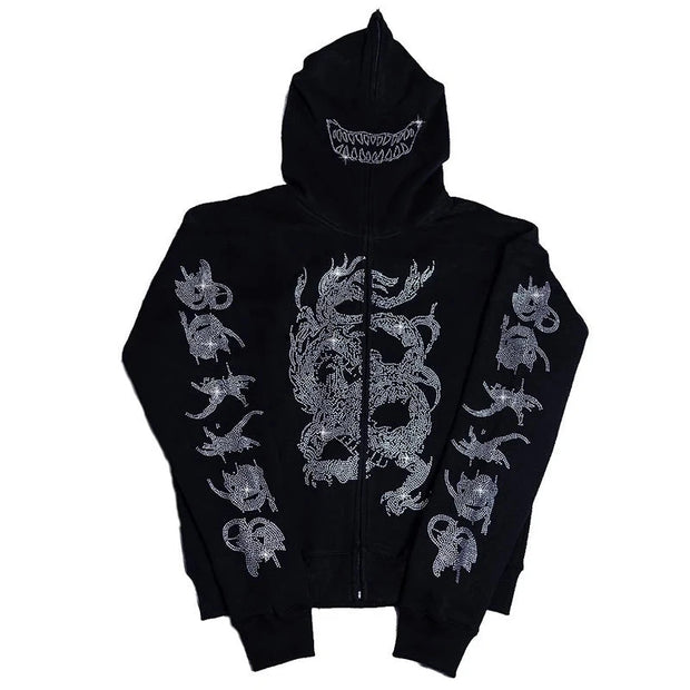 Y2K Rhinestone Cobweb Zip Up Oversized Sweatshirt 2022 Autumn Goth Hoodie Men Women Grunge Hooded Jacket Streetwear Y2K Clothing Brodster Market