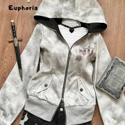 Euphoria Y2k Women Aesthetic Harajuku Faux Fur Collar Hoodies Clothes Graphic Hip Hop Punk Gothic Zip Up Hoodies Streetwear Brodster Market