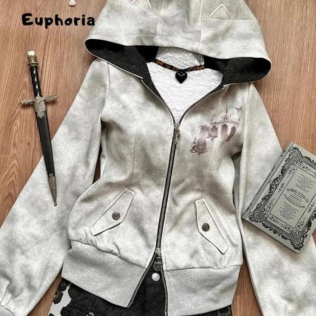 Euphoria Y2k Women Aesthetic Harajuku Faux Fur Collar Hoodies Clothes Graphic Hip Hop Punk Gothic Zip Up Hoodies Streetwear Brodster Market