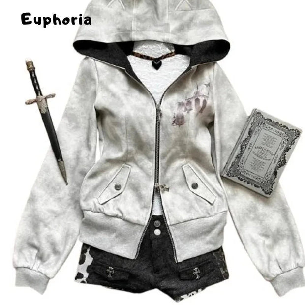Euphoria Y2k Women Aesthetic Harajuku Faux Fur Collar Hoodies Clothes Graphic Hip Hop Punk Gothic Zip Up Hoodies Streetwear Brodster Market