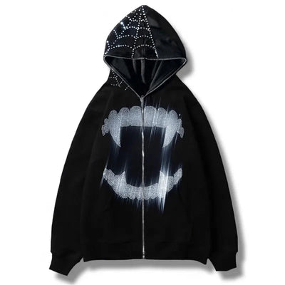 Y2K Rhinestone Cobweb Zip Up Oversized Sweatshirt 2022 Autumn Goth Hoodie Men Women Grunge Hooded Jacket Streetwear Y2K Clothing Brodster Market